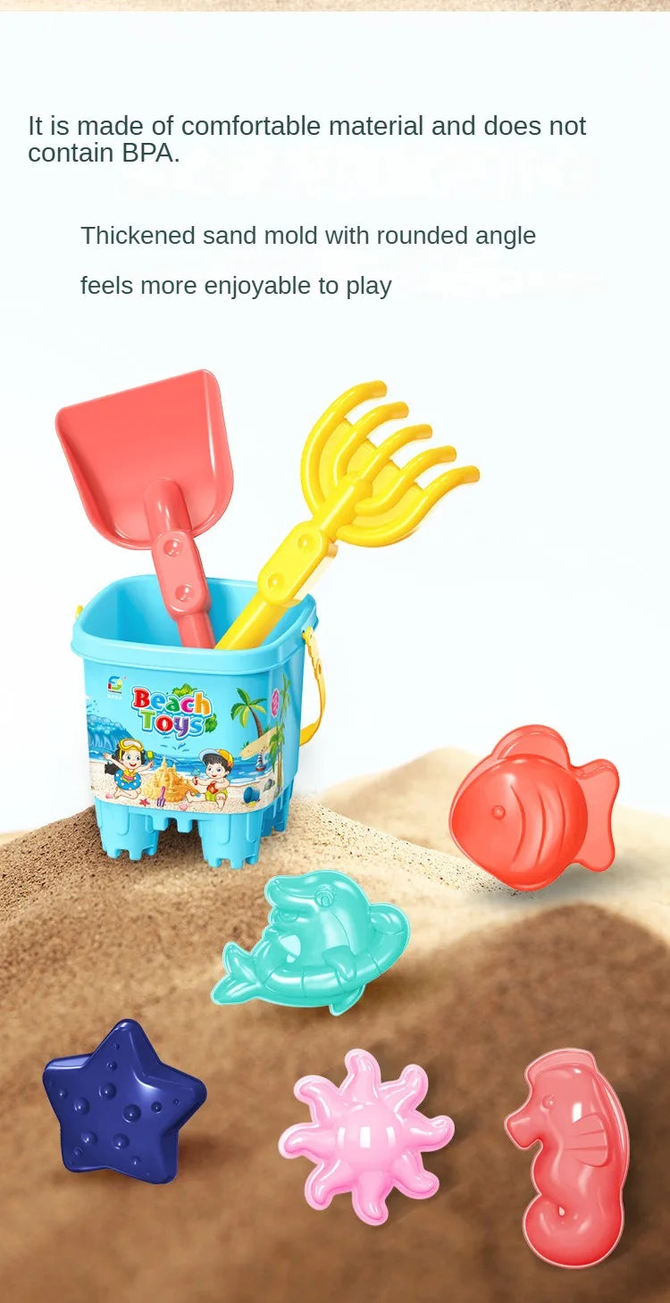 Kids Beach Sand Play Set with colorful bucket and shovel from Baby Bubble, perfect for outdoor sandcastle building and play.
