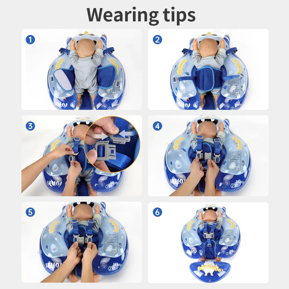 Inflatable baby float ring with colorful design, suitable for pool use, by Baby Bubble, featuring a secure baby-safe seating area.