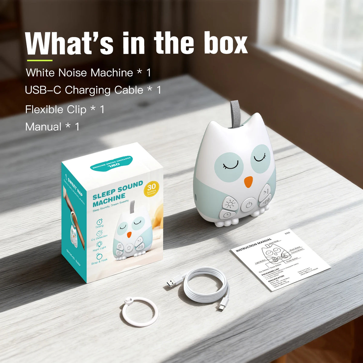 Portable White Noise Sound Machine for Baby 30 Soothing Sounds Crying Sensor for Infants with Night Light Timer Rechargeable