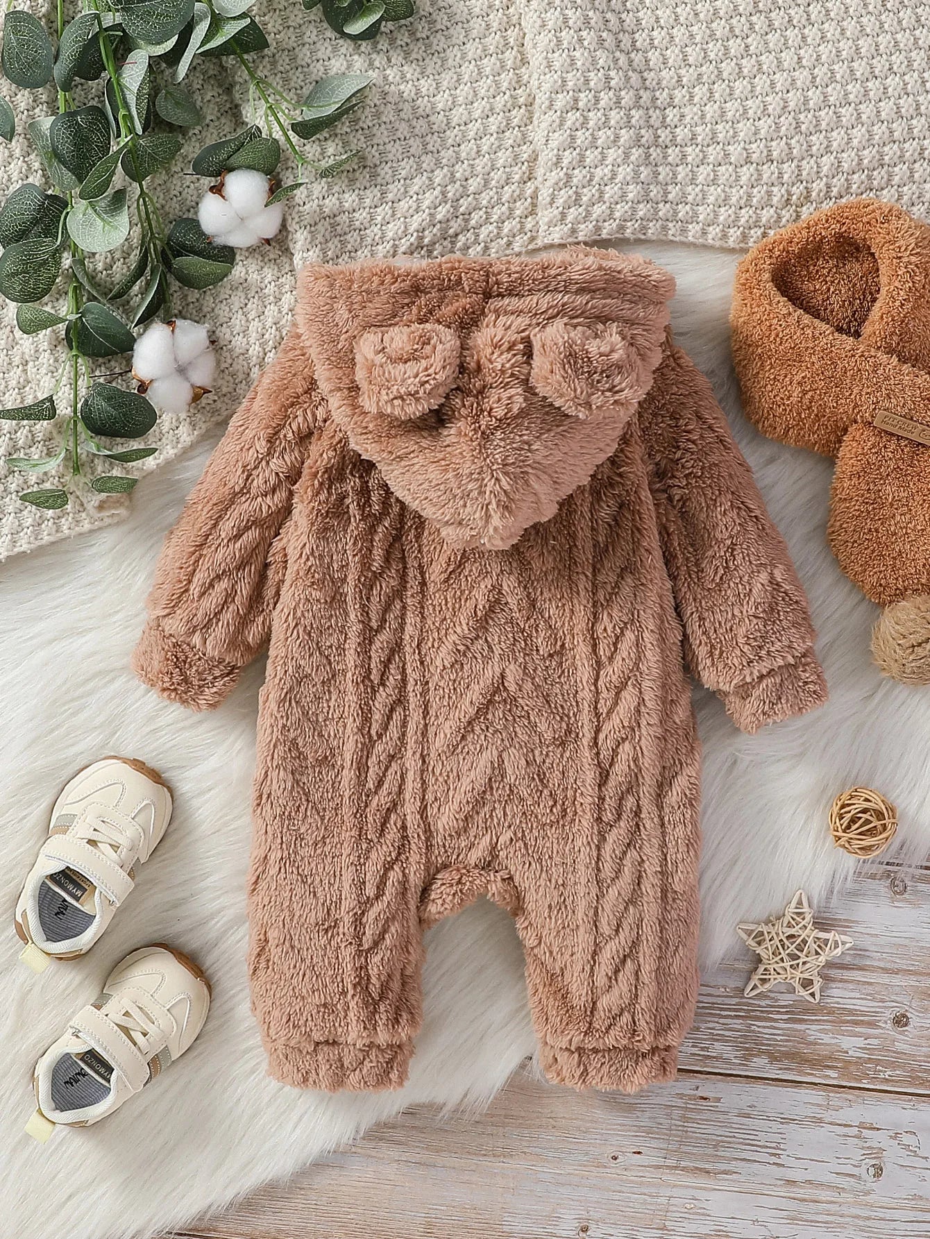 Baby Boy's winter hooded jumpsuit by Baby Bubble, cozy and warm with soft fabric, perfect for cold weather.