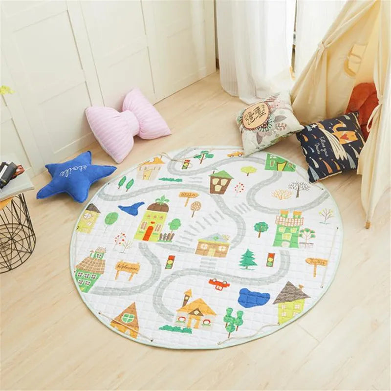 Round kids room carpet featuring Nordic animal design, 150cm diameter, soft play mat from Baby Bubble for children's rooms.