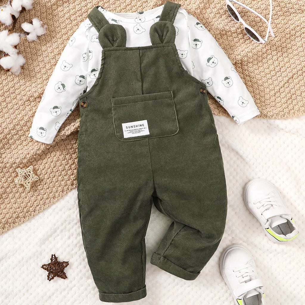 Baby Bubble bear print 2-piece bodysuit and overalls set, cozy fall comfort for infants, featuring soft fabric and cute bear design.
