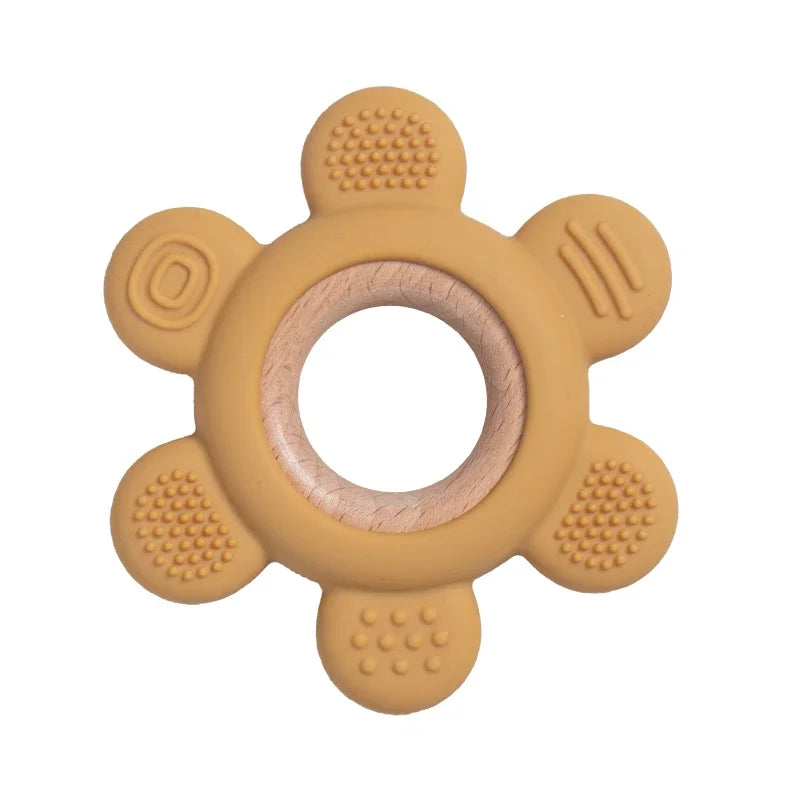 Baby Bubble silicone wood teether ring, a safe soothing chew toy for babies, featuring smooth silicone and natural wood elements.