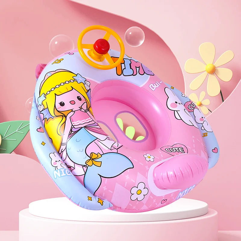 Baby Bubble inflatable swimming ring with cute animal steering wheel, designed for infants to enjoy water play safely.