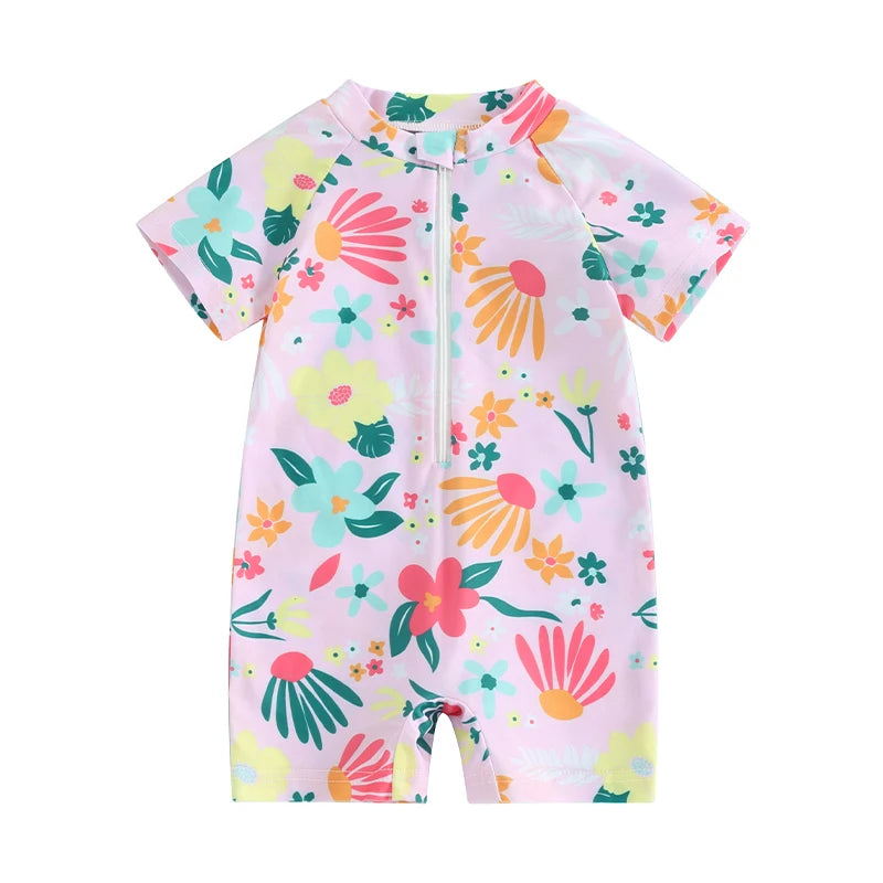 Baby girls floral rash guard romper by Baby Bubble, zip-up design, lightweight and protective for sun-safe play.