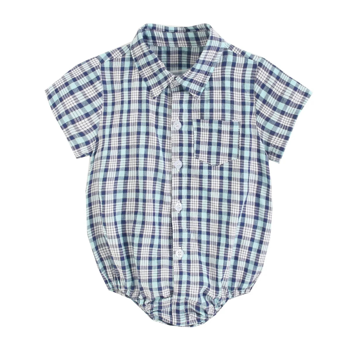 Baby boy plaid cotton bodysuit by Baby Bubble, soft summer onesie with blue and white plaid pattern, perfect for warm weather.