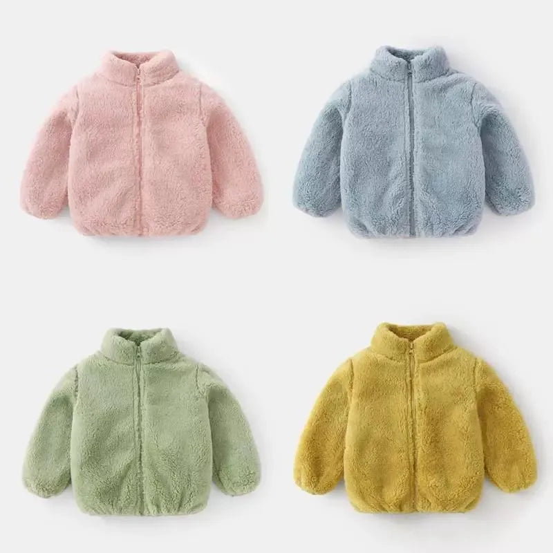Kids plush warm coat from Baby Bubble, cozy autumn winter jacket with soft, plush fabric and a hood for chilly weather.