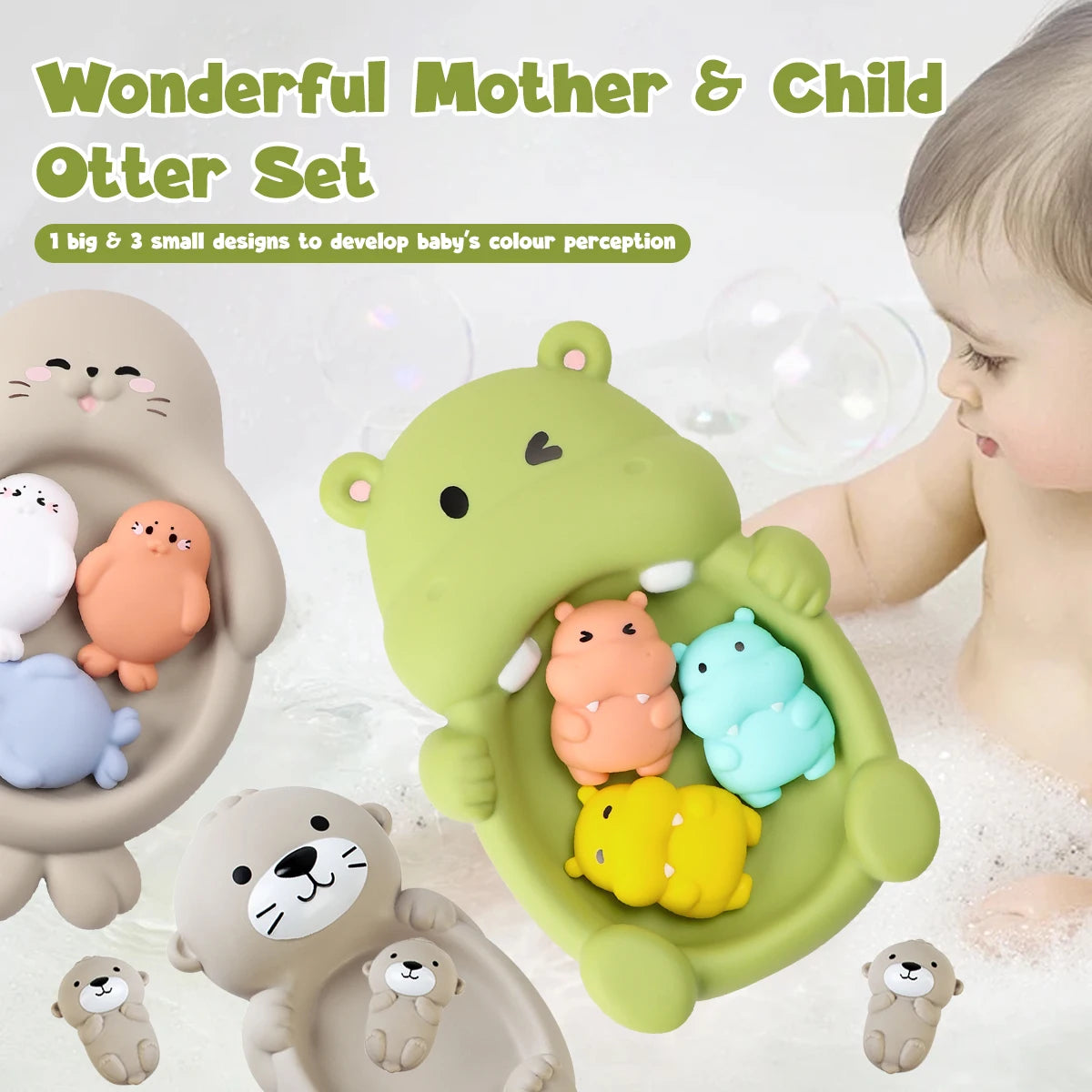 Baby Bubble floating bath animal toys set with colorful plastic toys shaped like animals for water play with toddlers.