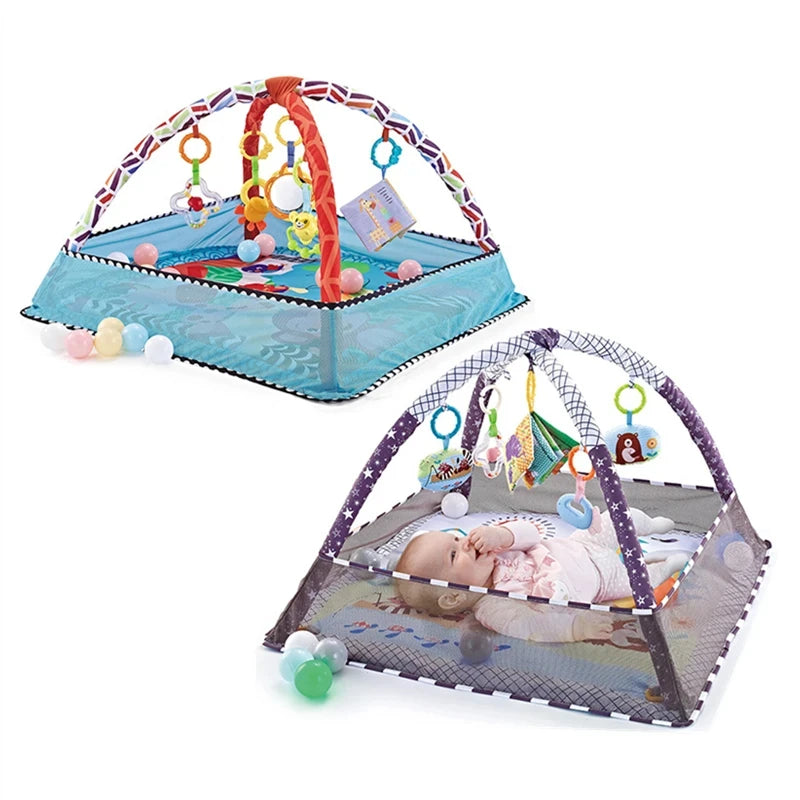 Baby Bubble crawling game blanket and play mat with colorful puzzle fence and interactive toys for early childhood development.