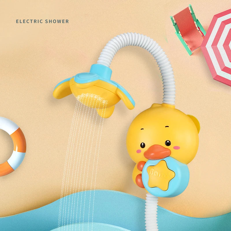 Baby Bubble water spray duck bath toy for sensory play, featuring a colorful plush duck with water spray feature for infants.