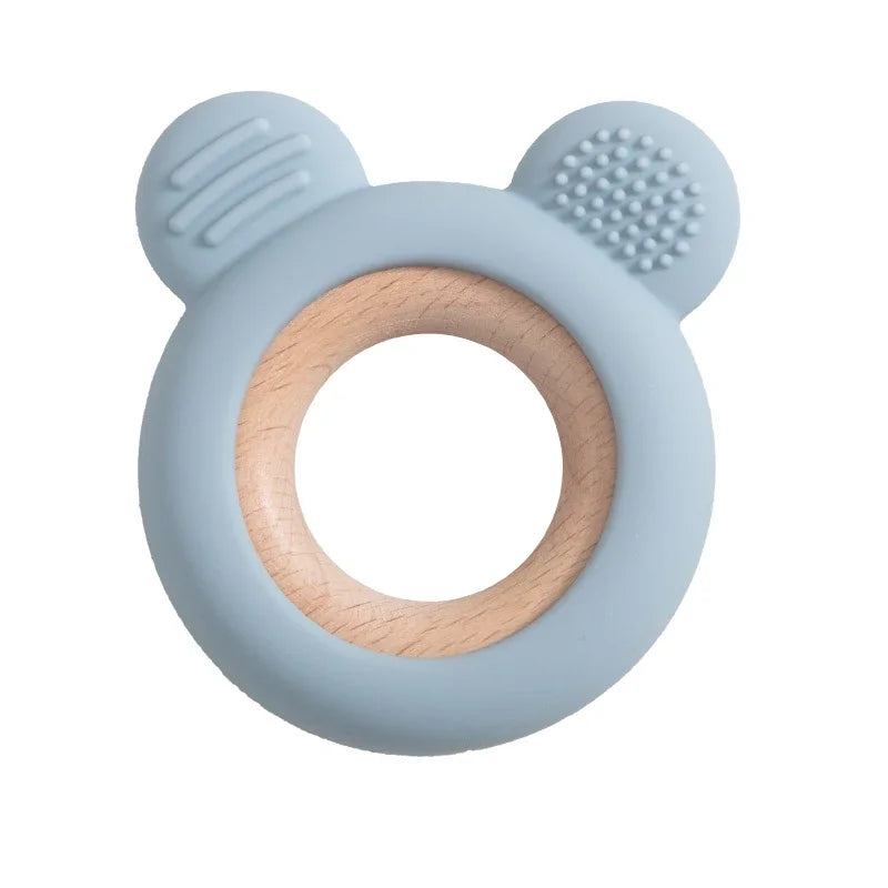 Baby Bubble silicone wood teether ring, a safe soothing chew toy for babies with a natural wood and silicone design.