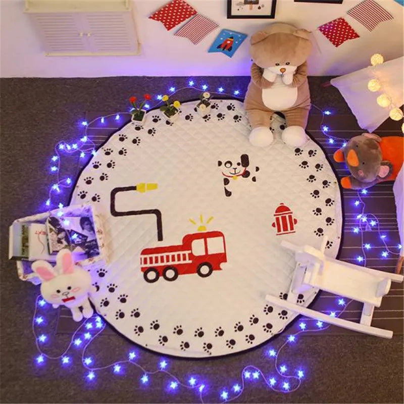 Round kids room carpet featuring Nordic animal design, Baby Bubble's 150cm play mat with colorful and soft fabric.