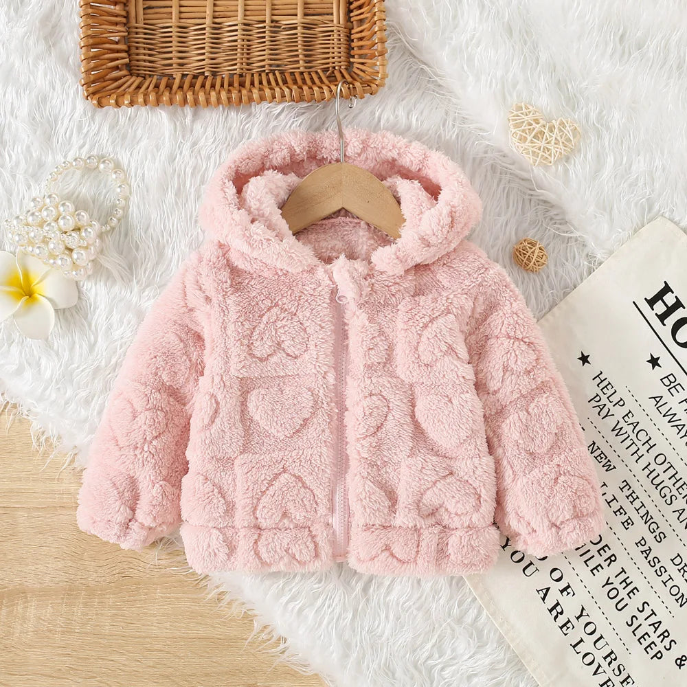 Baby Bubble pink fleece princess jacket for baby girls with love pattern, hooded toddler coat, warm winter outwear.