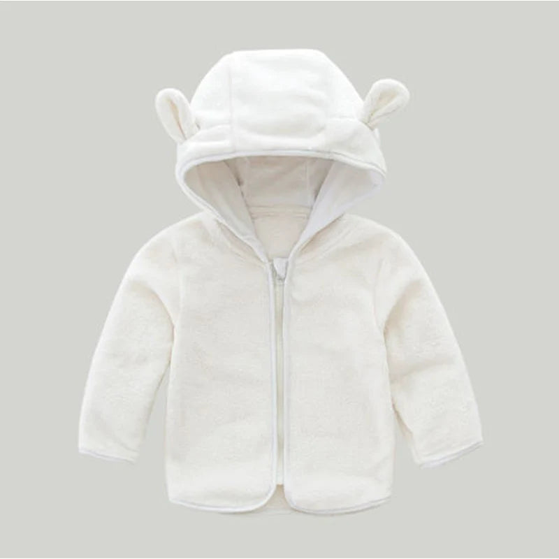Soft pink hooded baby girl coat by Baby Bubble, featuring a cozy hood and stylish design for cold weather.
