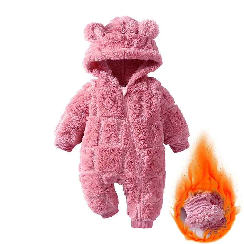 Baby Bubble velvet hooded romper featuring a warm cartoon design, soft fabric, and cozy fit for infants.