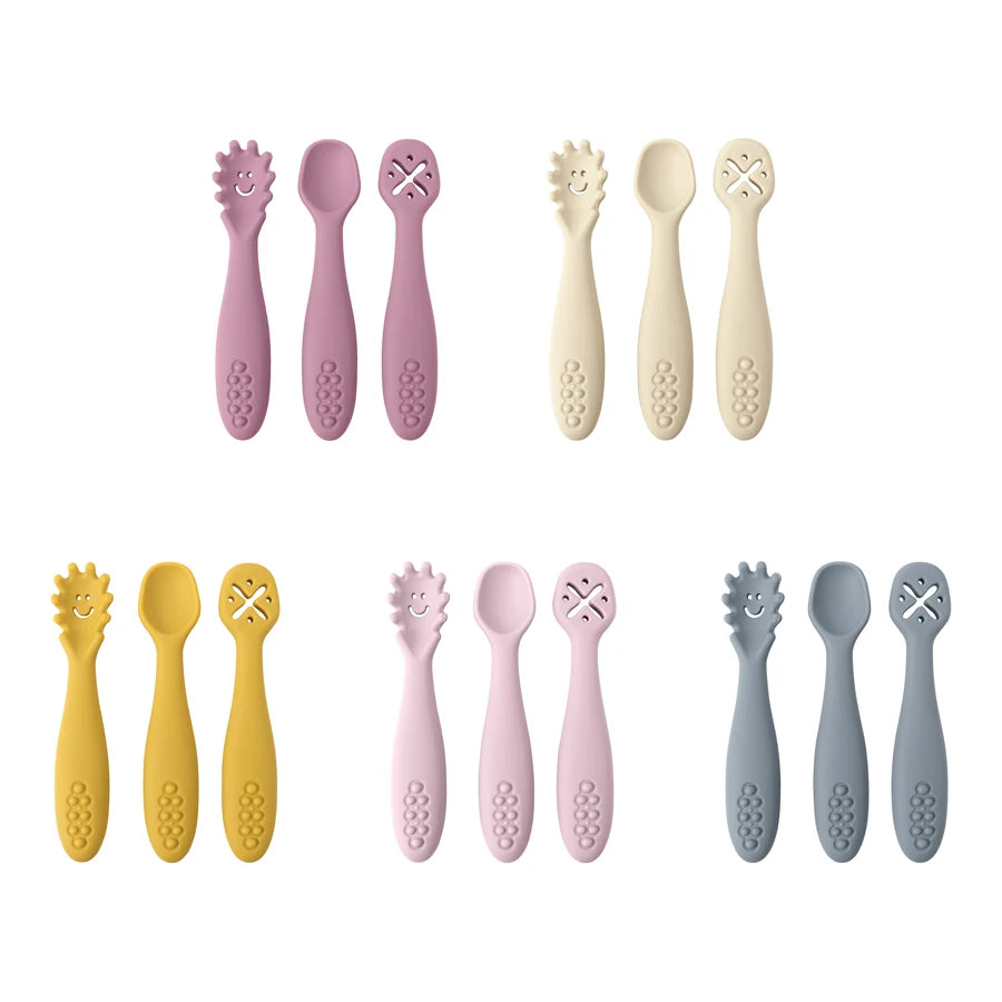 Baby Bubble silicone spoon set with three colorful, safe feeding spoons for babies and toddlers for weaning and learning to eat.