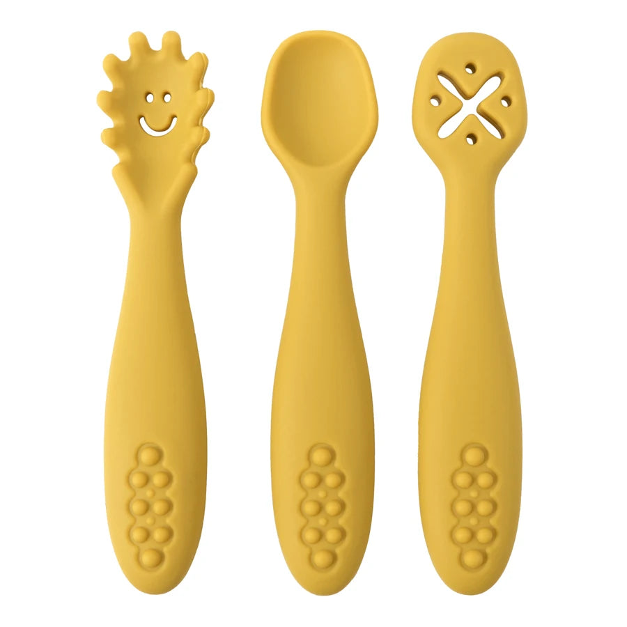 Baby Bubble silicone spoon set with three colorful, safe feeding utensils for babies and toddlers learning to eat.