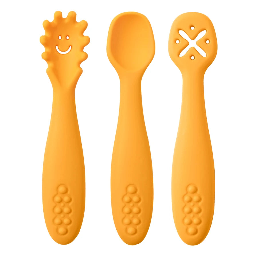 Baby Bubble silicone spoon set for safe feeding and weaning, featuring three colorful toddler-friendly utensils.