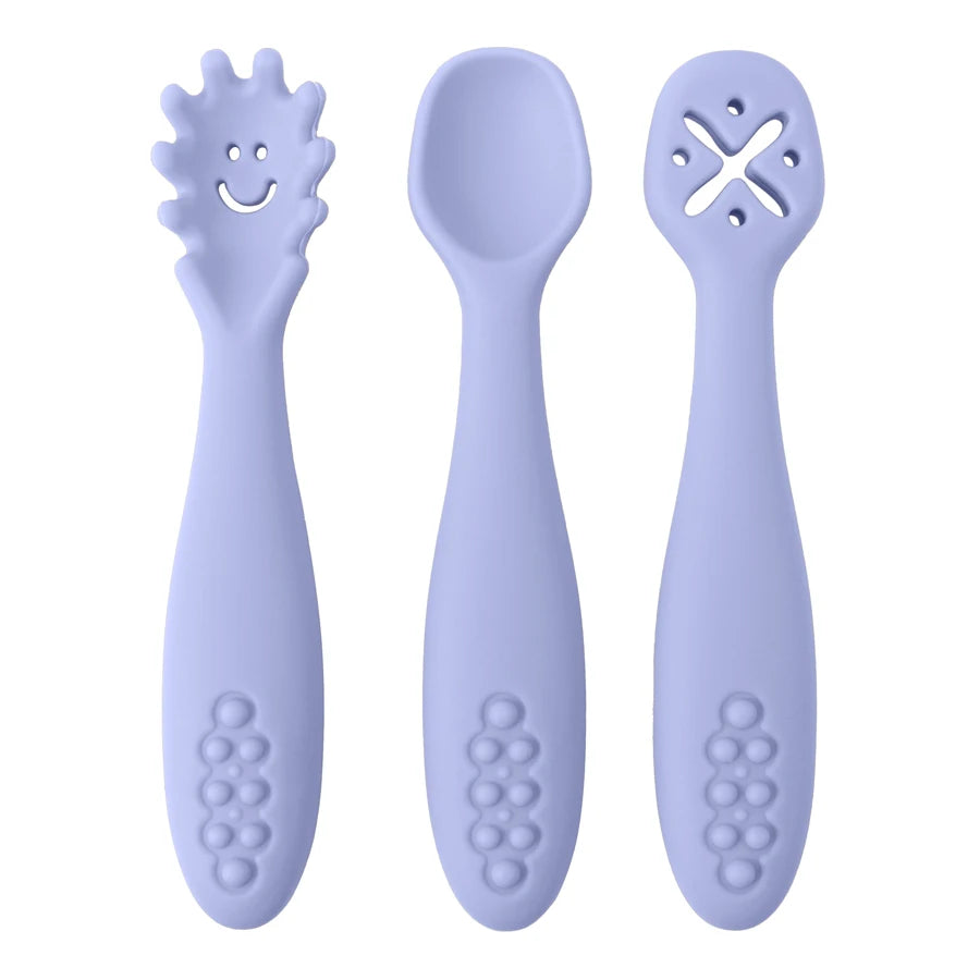 Baby Bubble silicone spoon set with three cute, safe feeding utensils for babies and toddlers, perfect for weaning and learning to eat.