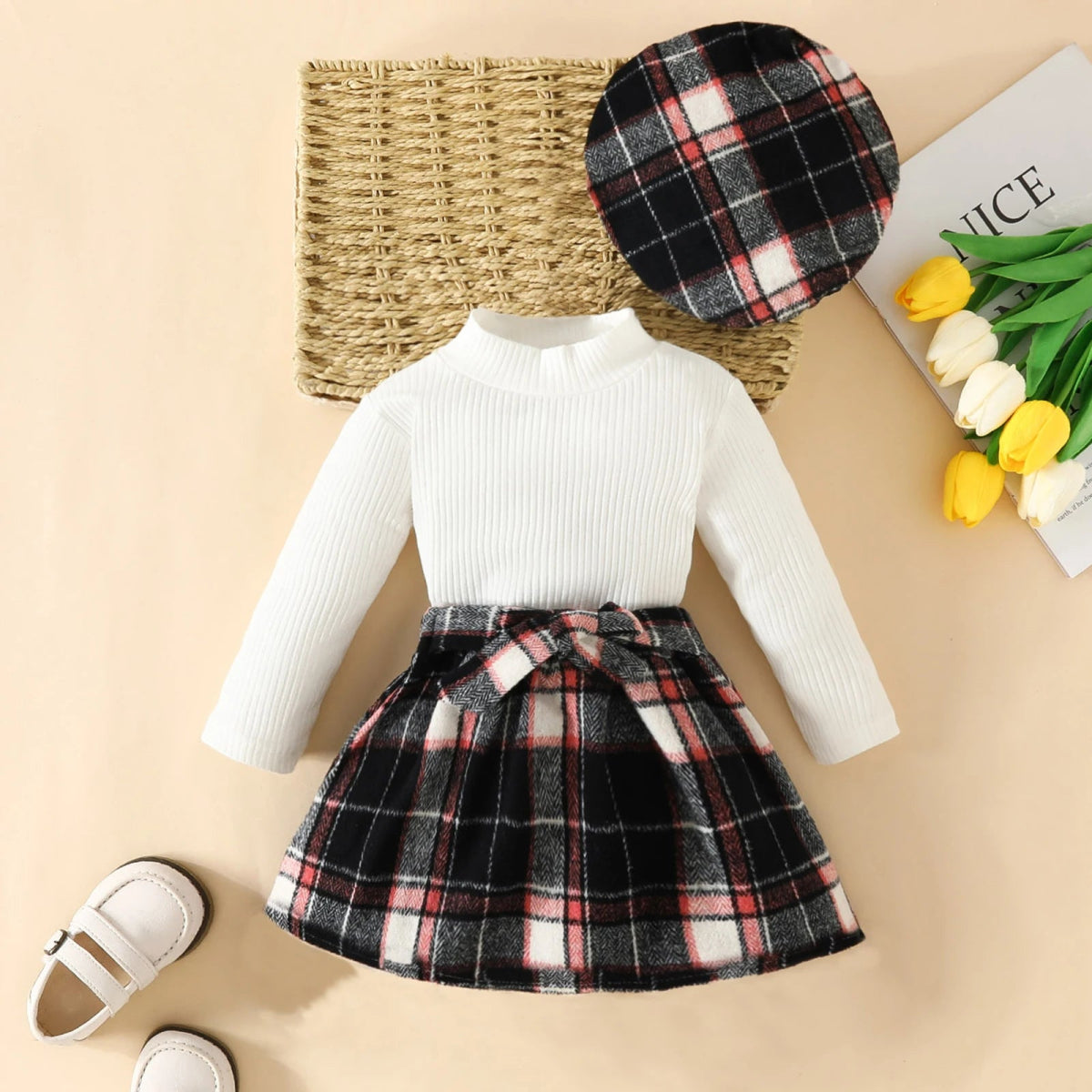 ma&baby 6M - 3Y Toddler Infant Newborn Baby Girls Clothes Sets Knit Long Sleeve Tops Plaid Skrits Hat Fall Spring Outfits D05 - Baby Bubble Store