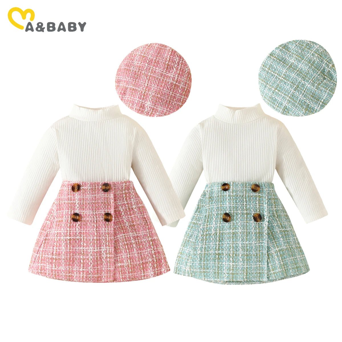 ma&baby 6M - 3Y Toddler Infant Newborn Baby Girls Clothes Sets Knit Long Sleeve Tops Plaid Skrits Hat Fall Spring Outfits D05 - Baby Bubble Store