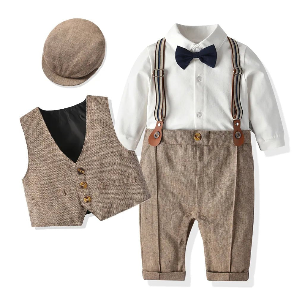 Newborn Baby Boy Formal Suit Party Birthday Wedding Toddler Boys Outfit Jumpsuit+Waistcoat+Beret+Bowtie+Suspender 0 - 3 Months - Baby Bubble Store