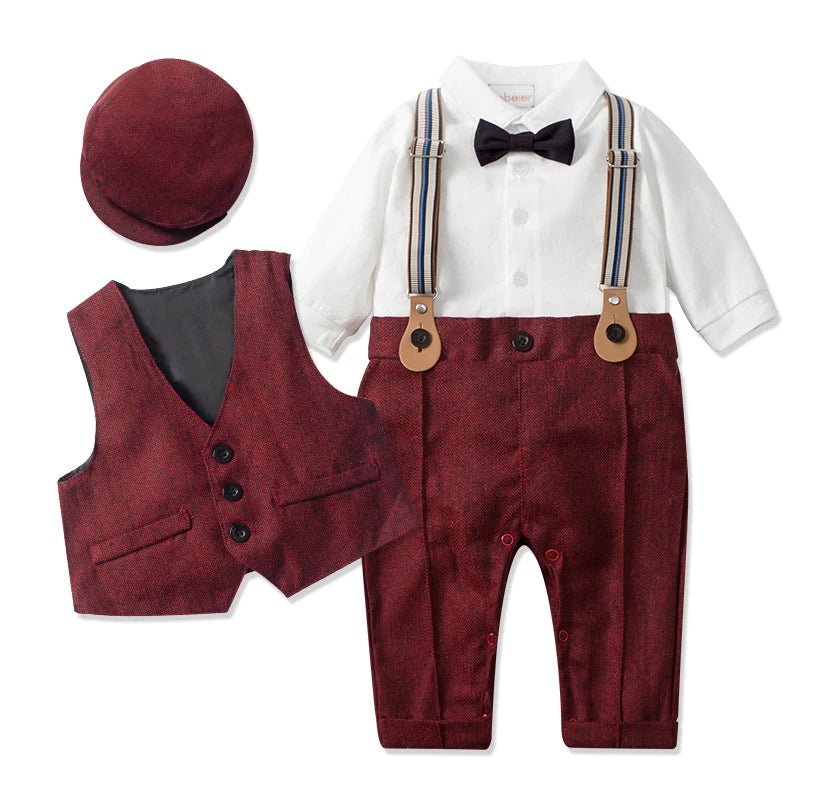 Newborn Baby Boy Formal Suit Party Birthday Wedding Toddler Boys Outfit Jumpsuit+Waistcoat+Beret+Bowtie+Suspender 0 - 3 Months - Baby Bubble Store
