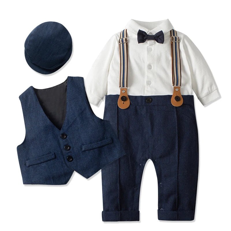 Newborn Baby Boy Formal Suit Party Birthday Wedding Toddler Boys Outfit Jumpsuit+Waistcoat+Beret+Bowtie+Suspender 0 - 3 Months - Baby Bubble Store