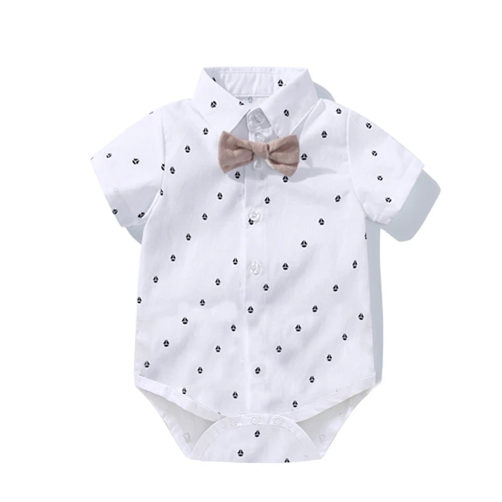 Newborn Boys Gentleman Clothes Outfit Suit Set Baby Tie Bow Hat + Sailboat Printed Romper + Shorts Suspender Infant Kid Clothing - Baby Bubble Store