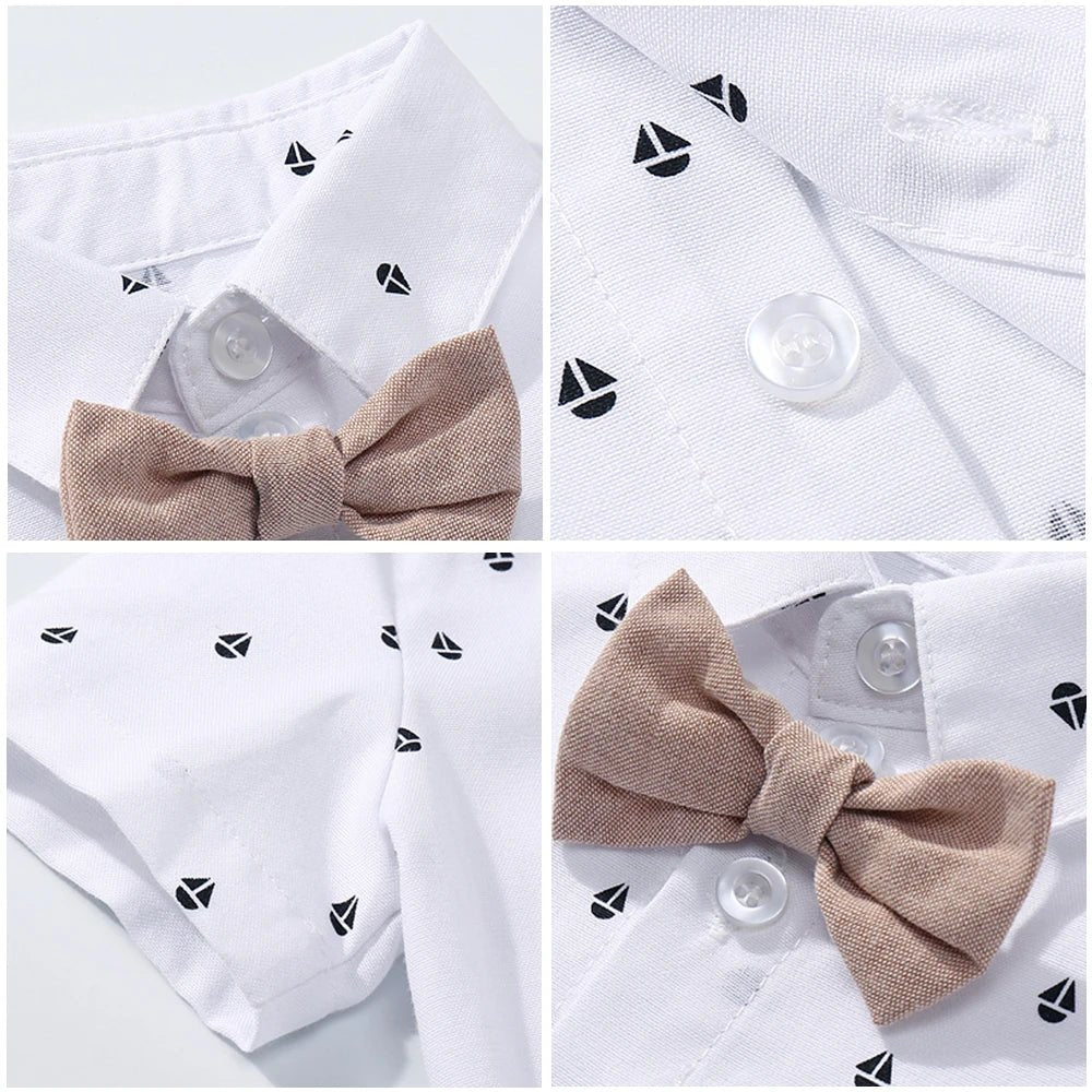 Newborn Boys Gentleman Clothes Outfit Suit Set Baby Tie Bow Hat + Sailboat Printed Romper + Shorts Suspender Infant Kid Clothing - Baby Bubble Store