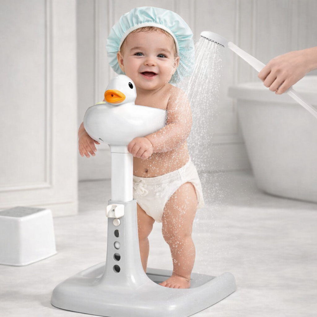 Baby Bubble baby standing bath support with soft, waterproof padding designed for safe, comfortable bathing of infants.