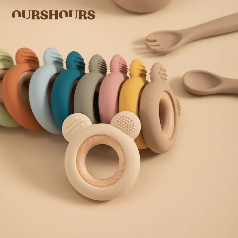 1PC Baby Silicone Wooden Teether Ring Cute Bear Infant Nursing Teething Toys Newborn Health Care Chewing Toy Baby Accessories - Baby Bubble