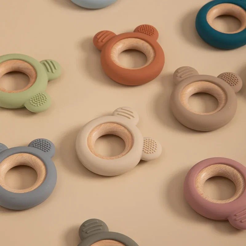 1PC Baby Silicone Wooden Teether Ring Cute Bear Infant Nursing Teething Toys Newborn Health Care Chewing Toy Baby Accessories - Baby Bubble