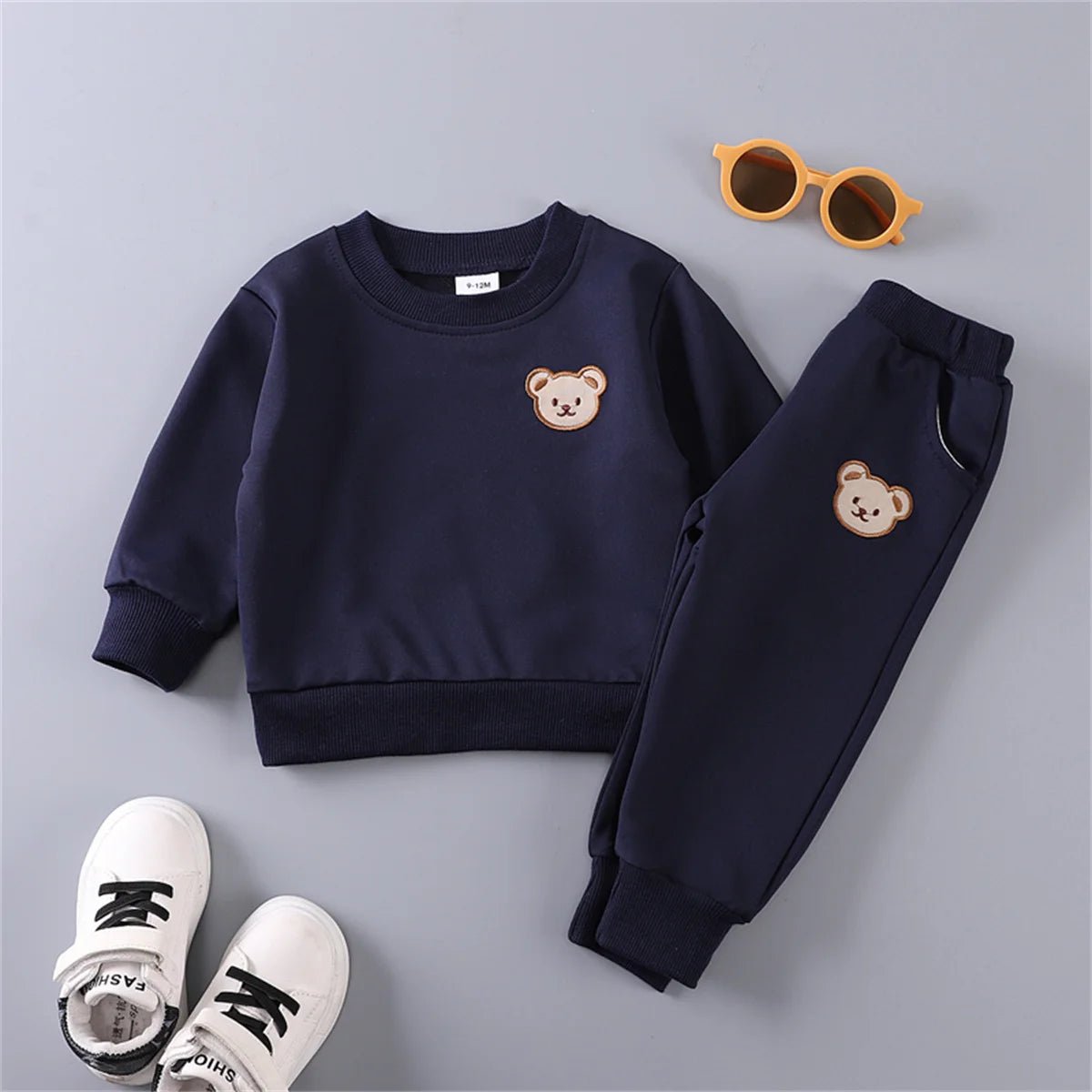 2PCS Spring and Autumn Baby Children's Long sleeved Simple Solid Color Polyester Little Bear Embroidered Hoodie Set of Two - Baby Bubble