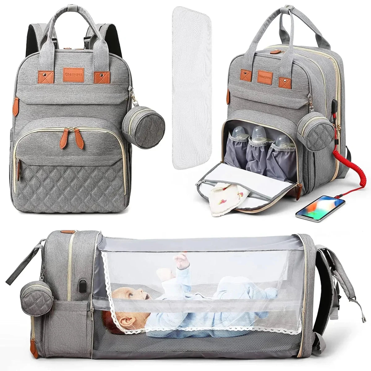 3 In 1 Diaper Bag Backpack Foldable Baby Bed Waterproof Travel Bag with USB Charge Diaper Bag Backpack with Changing Bed 3 types - Baby Bubble