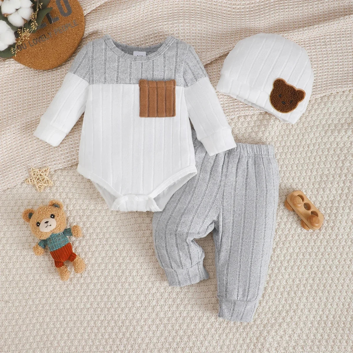 3Pcs/Set of Newborn Baby boy Color Blocked Long sleeved Bodysuit+Pants+Cute Hat Set 0 - 18 Months Baby boy Spring and Autumn Set - Baby Bubble