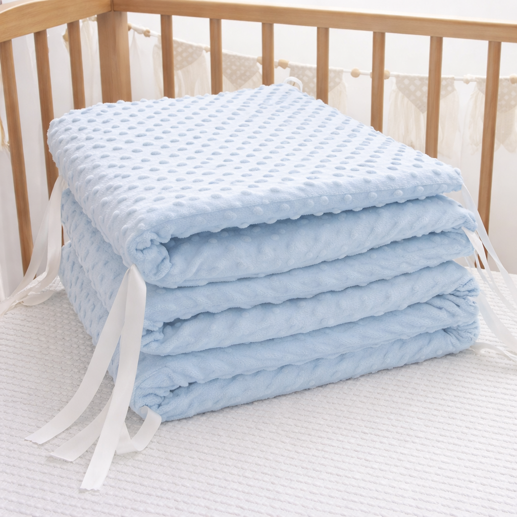 Soft beige CozyGuard™ baby crib cushion by Baby Bubble, designed for comfort and safety in a cozy nursery setting.