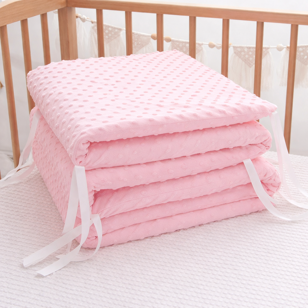 Soft, plush Baby Bubble CozyGuard™ premium baby crib cushion in pastel colors, designed for comfort and safety in a baby crib.
