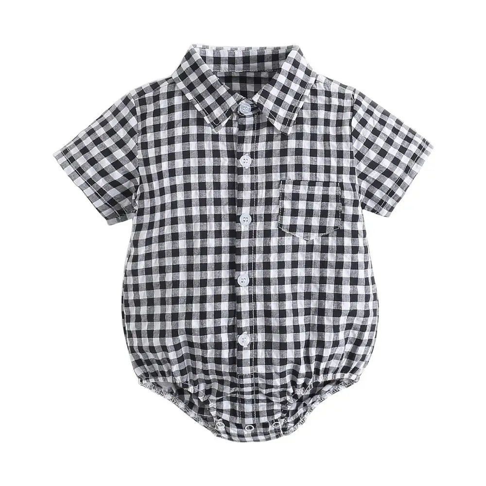 Baby Boy plaid bodysuit from Baby Bubble, soft summer cotton onesie with blue and white plaid pattern for infants.