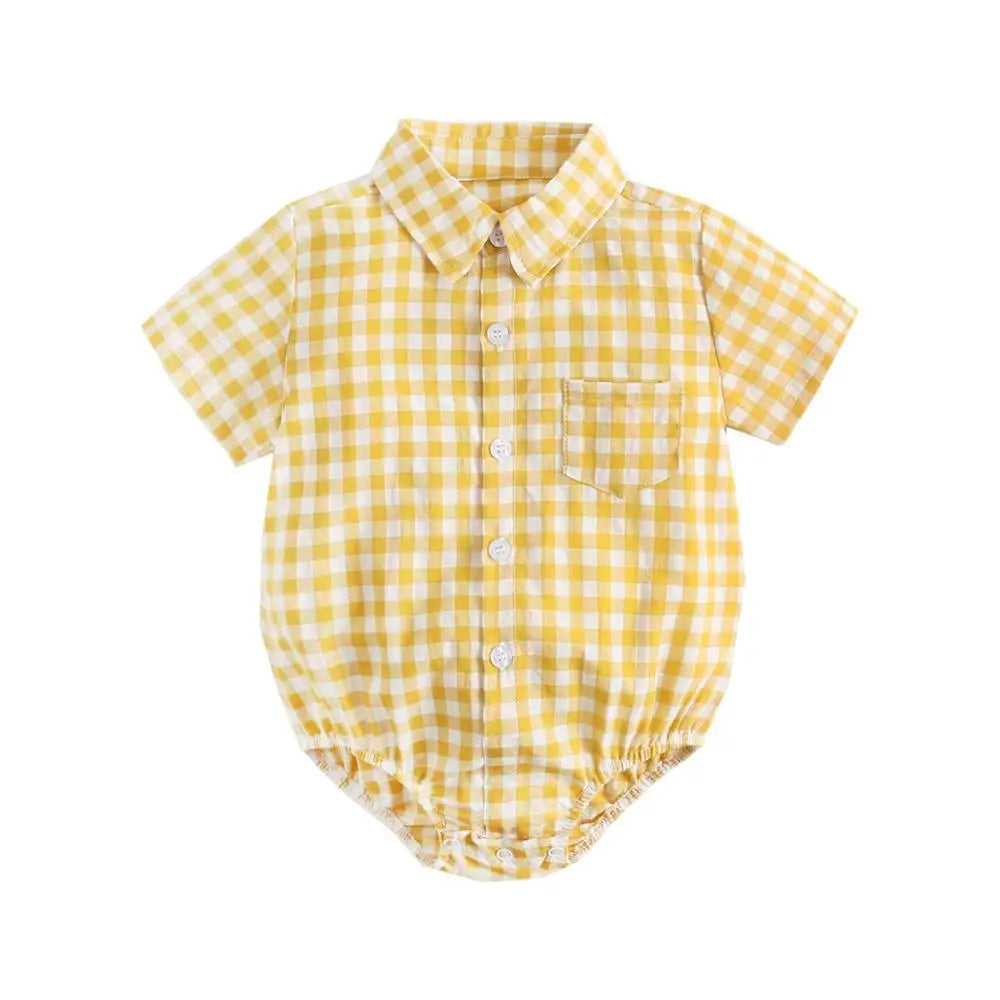 Baby boy plaid cotton bodysuit from Baby Bubble, soft summer onesie with a comfortable, breathable fabric and cute plaid pattern.