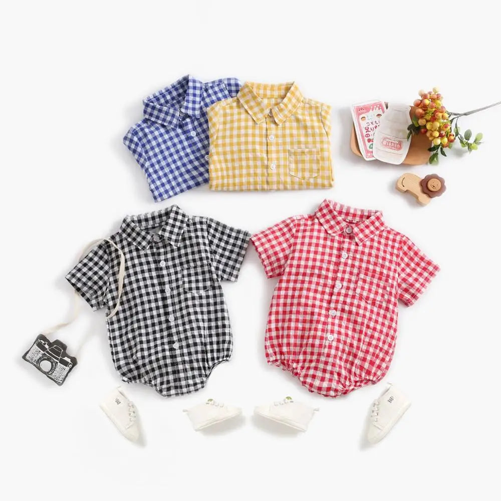Baby boy plaid cotton bodysuit by Baby Bubble, soft summer onesie with blue and white checkered pattern, ideal for warm weather.