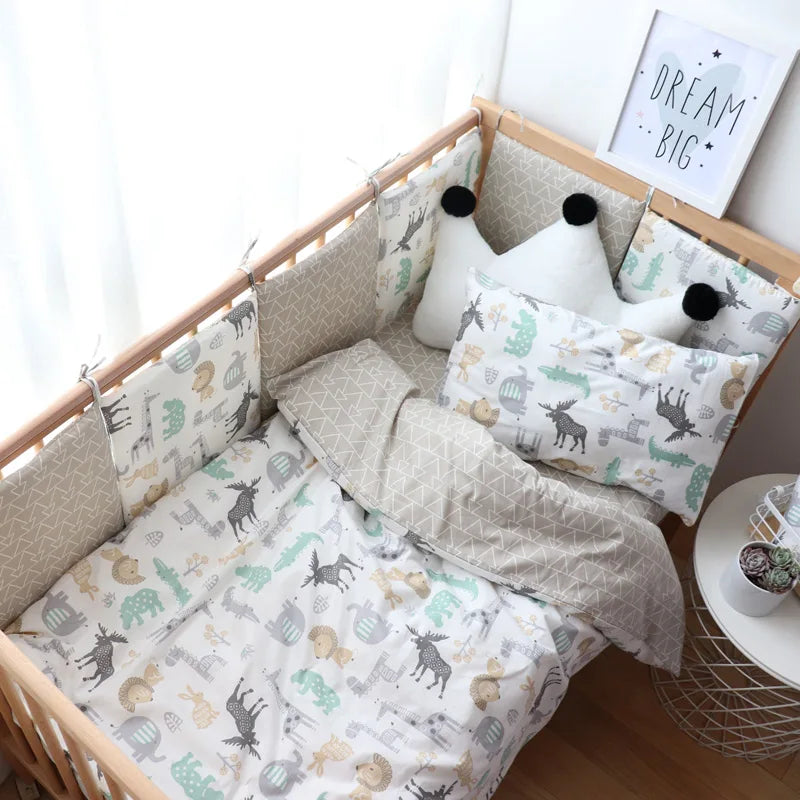 Soft cotton baby crib bedding set with nursery bundle featuring cozy, pastel-colored sheets and plush nursery accessories.