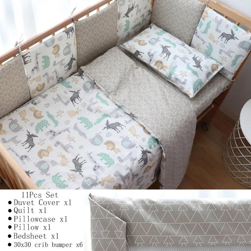 Soft cotton baby crib bedding set from Baby Bubble, including nursery blanket and sheets, with colorful patterns and plush textures.