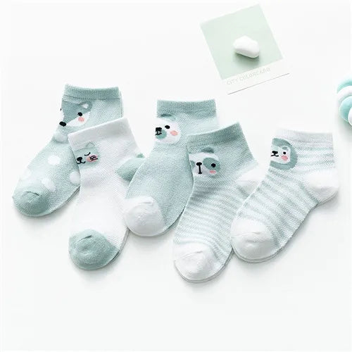Set of five cotton baby socks for boys and girls, suitable for newborns and toddlers, with breathable mesh design by Baby Bubble.