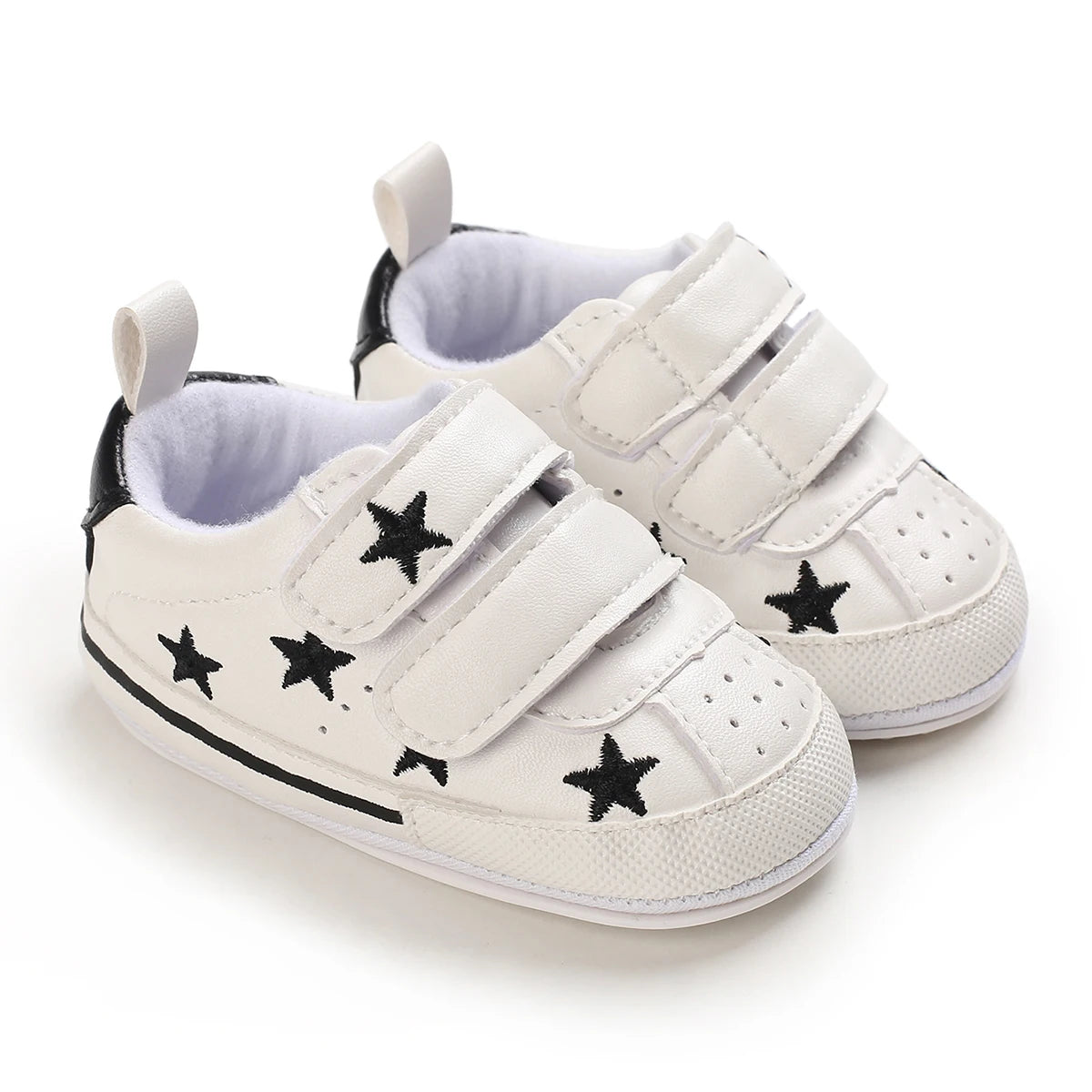 Baby girl soft sole crib shoes, first walker style, by Baby Bubble, featuring pink and white design with soft flexible soles.