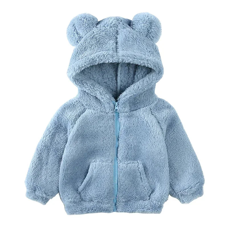 Baby Bubble winter hooded fleece coat, warm and cozy, featuring a soft fleece material and a secure hood for cold weather.