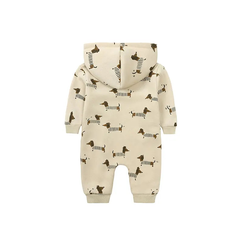 Baby Bubble baby cartoon romper with hood and zipper, featuring a cute cartoon print, perfect for cozy and adorable daily wear.