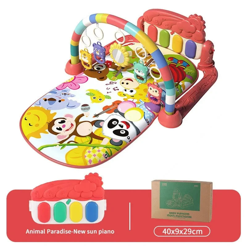 Baby Bubble baby gym mat with pedal piano fitness frame, colorful musical play area for infants to develop motor skills and enjoy music.