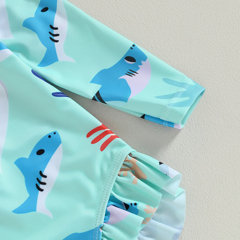 Girls long sleeve swimsuit with sea animal print by Baby Bubble, featuring colorful marine creatures on a vibrant fabric.