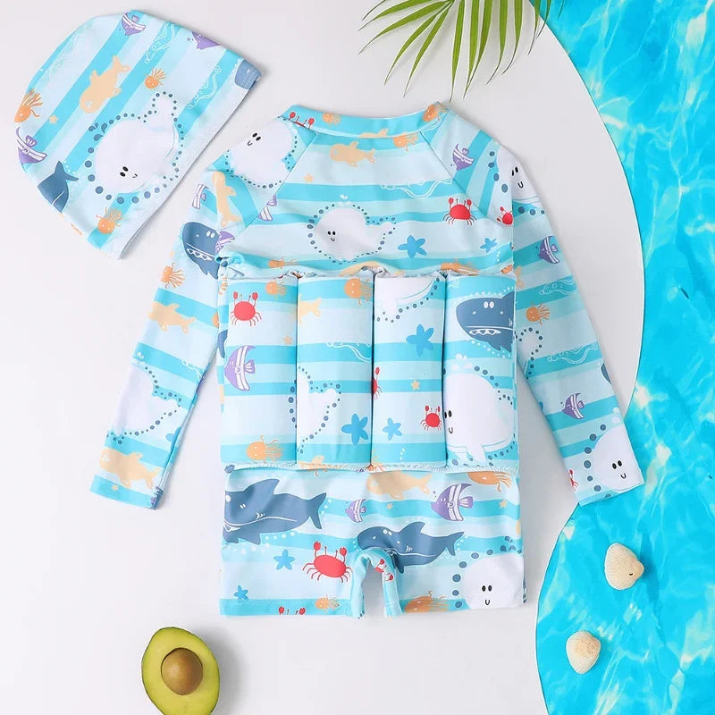 Kids buoyancy swimsuit by Baby Bubble featuring colorful cartoon float design, designed for safe and comfortable swimming.